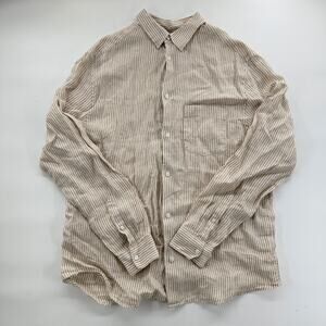 H&M Essentials Linen Shirt Tan White Stripe Button Down Long Sleeve L